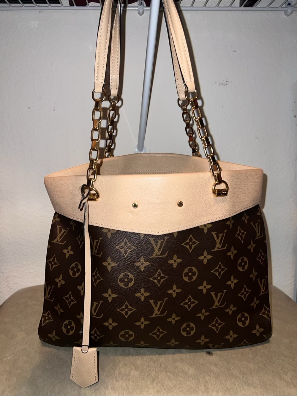 Real Authentic Louis Vuitton Brown Monogram Tote with Cream Trim and Gold Chains